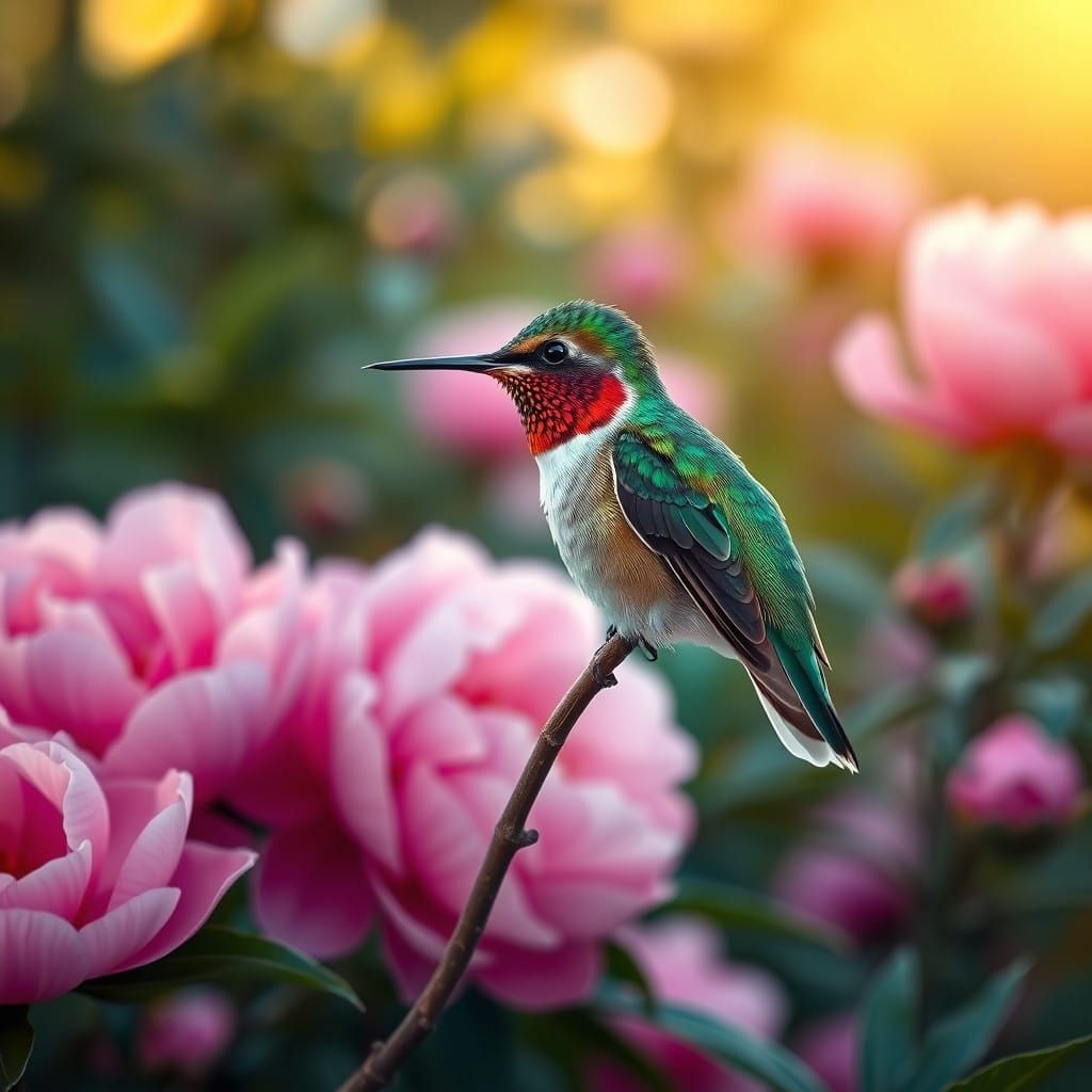 Emerald Hummingbird Amidst Pink Peonies in Golden Light