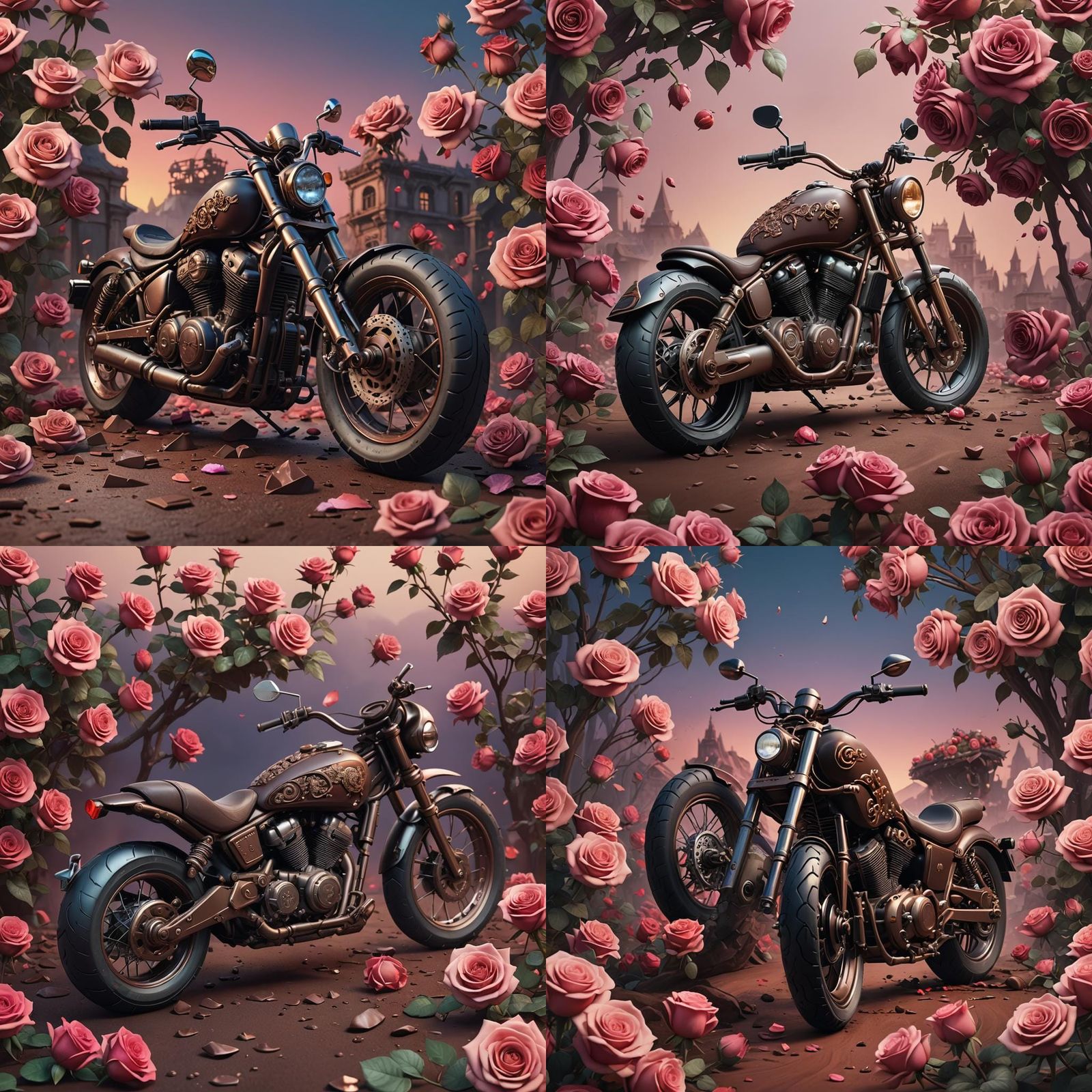 Chocolate Motorcycle with Gradient Roses: Detailed Matte Pai...