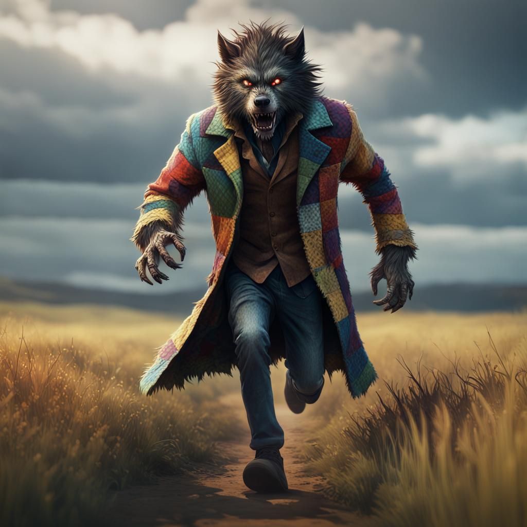 Werewolf in Patchwork Coat Runs Through Field