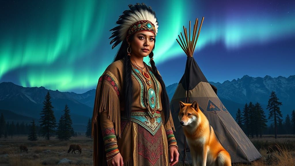 Native American Woman Surrounded by Magic and Wonder Under t...