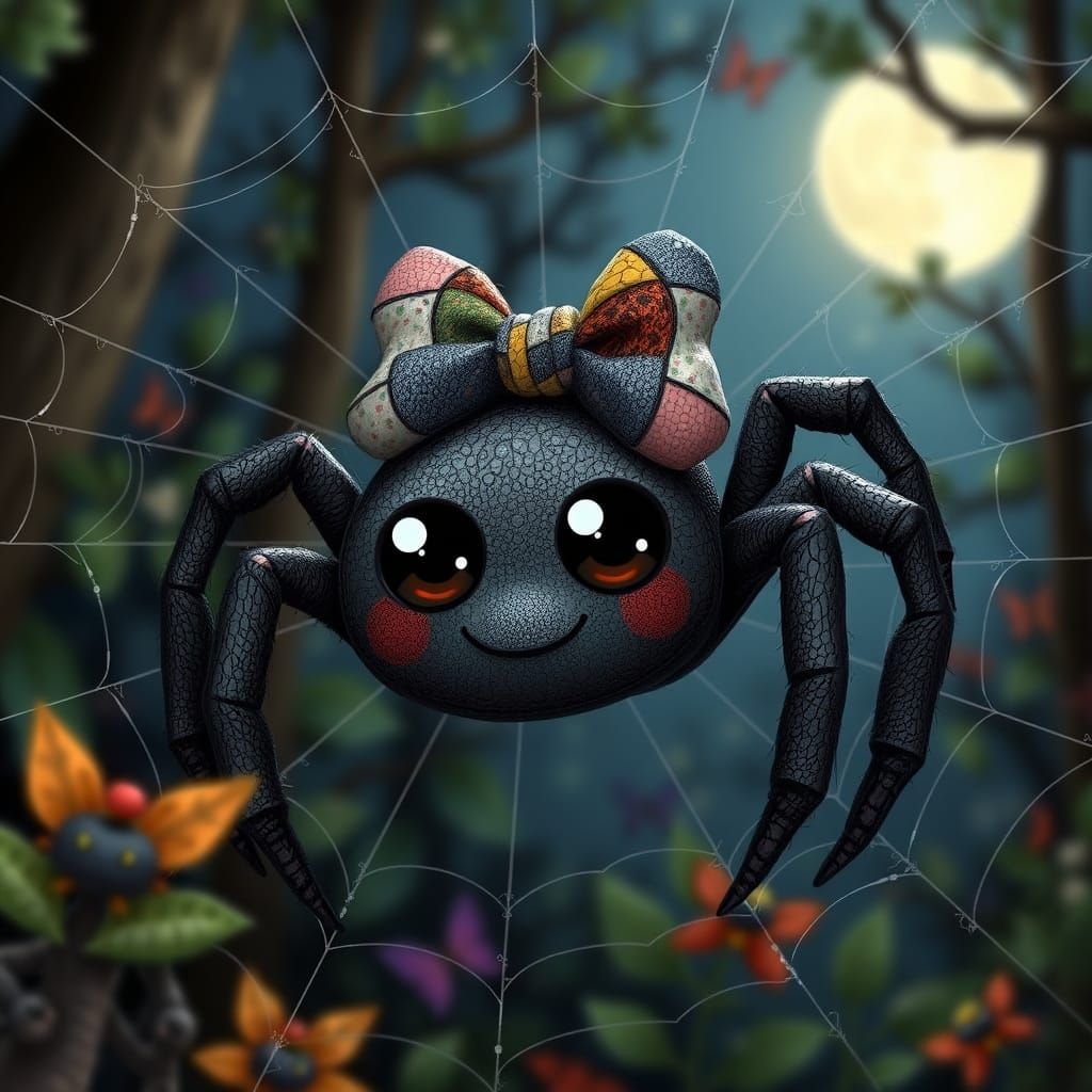 Anthropomorphic Spider in Dreamy Dark Forest, Surrealist Art