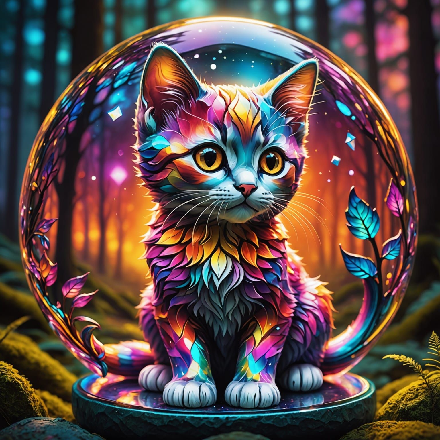 Kaleidoscopic Glass Kitten in Astral Forest