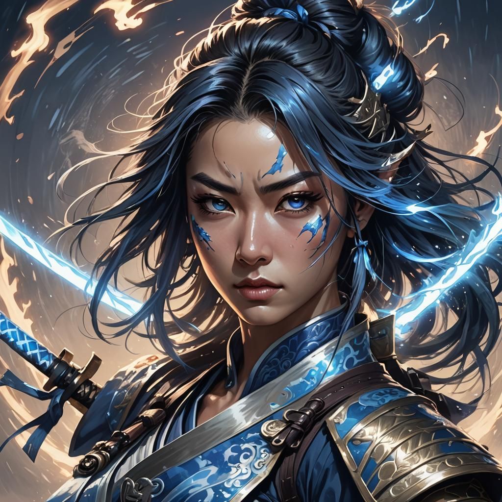 Samurai Girl with Lightning, Art Nouveau Portrait