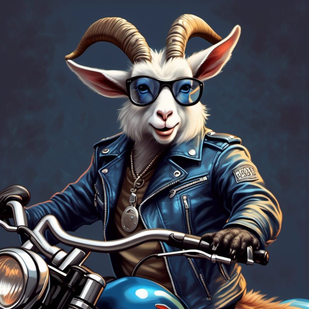 Smiling Anthro Goat Biker with Blue Mohawk