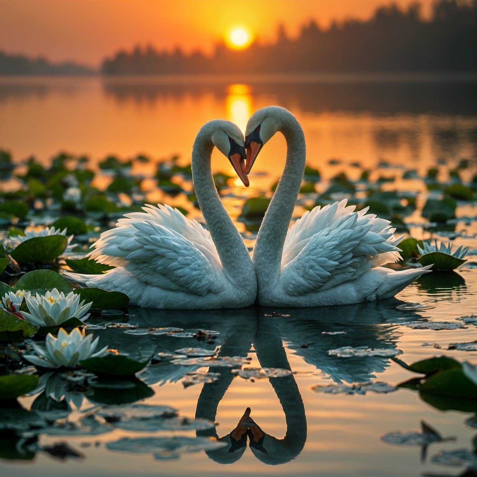 Magical Sunset: Swans Kissing on Lily Lake