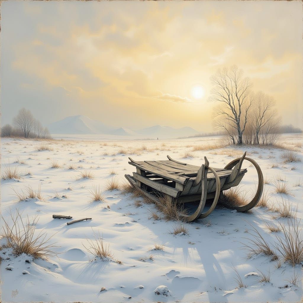 Abandoned Sleigh at Dawn in Winter Field