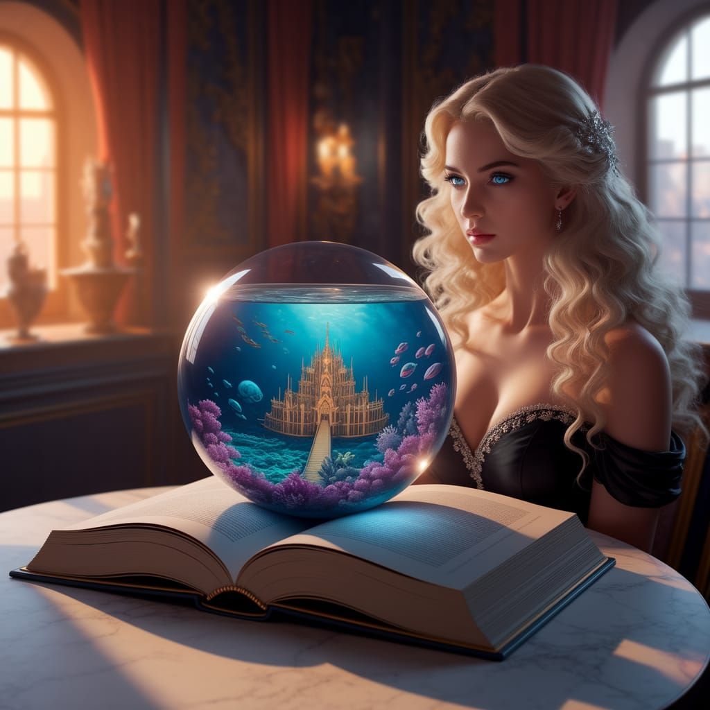 Underwater Kingdom in Glass Orb with Woman