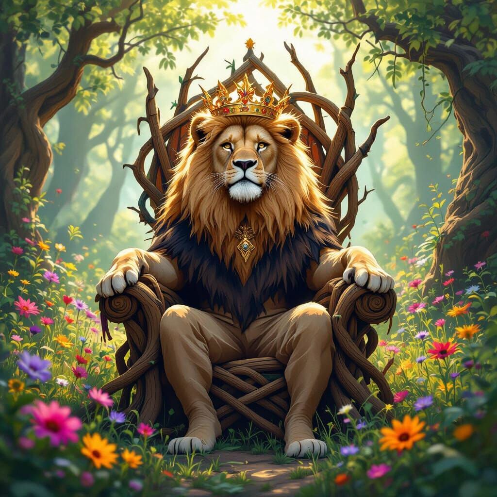 Regal Lion King on Forest Throne, Hyperrealistic Concept Art