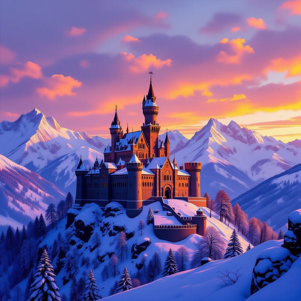 Ancient Castle at Sunset on Snow Mountain