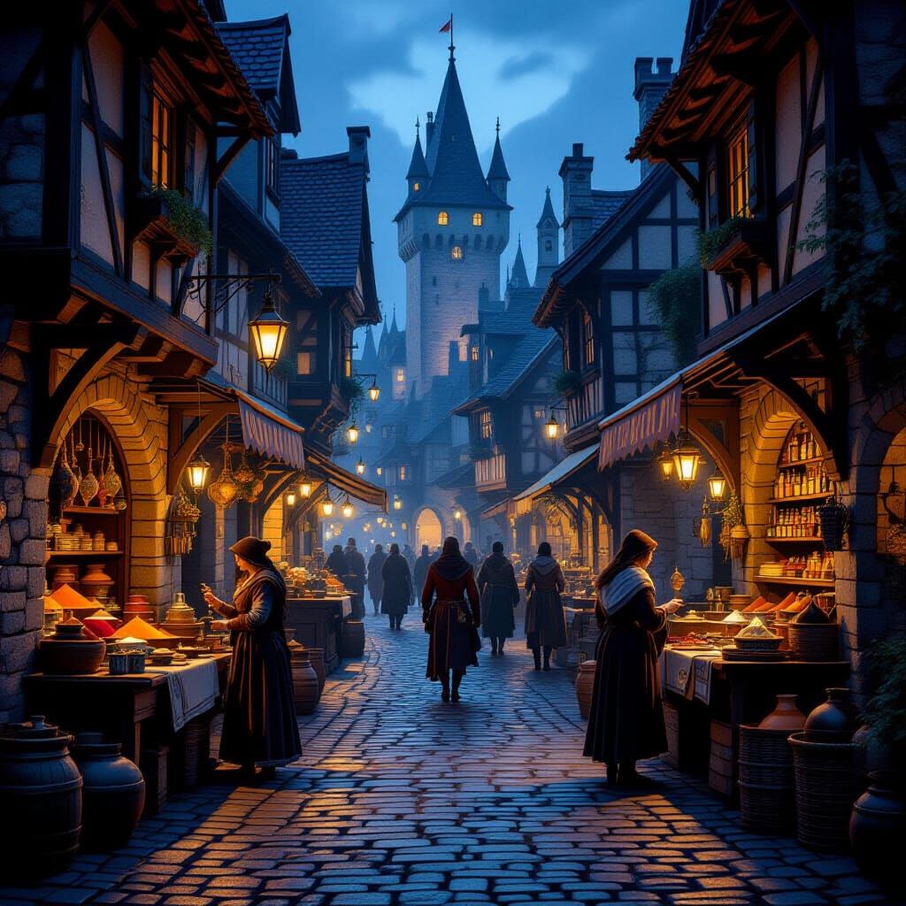 Bustling Medieval Marketplace at Twilight in Hyperrealistic ...