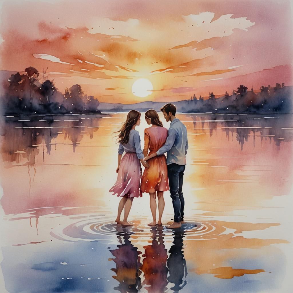 Watercolor Sunset Embrace: Romantic Lake Scene