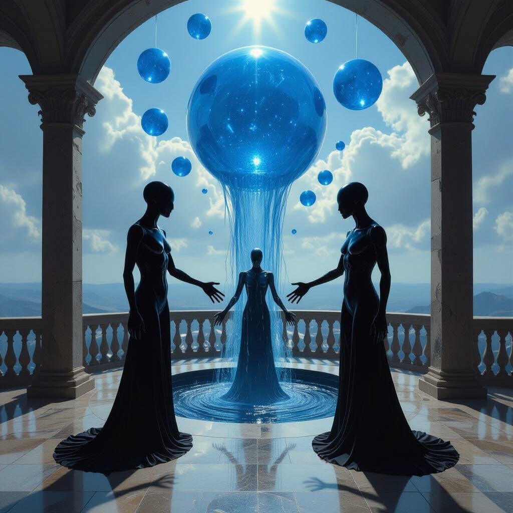 Mechanical Specters in Surreal Blue Sphere Sky