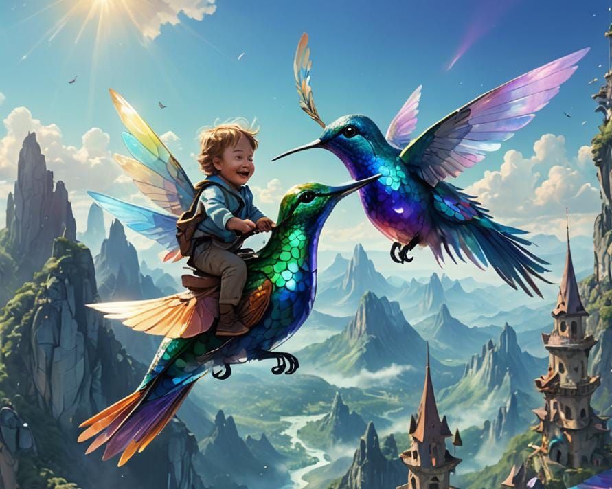 Toddler on Iridescent Hummingbird in Whimsical Landscape