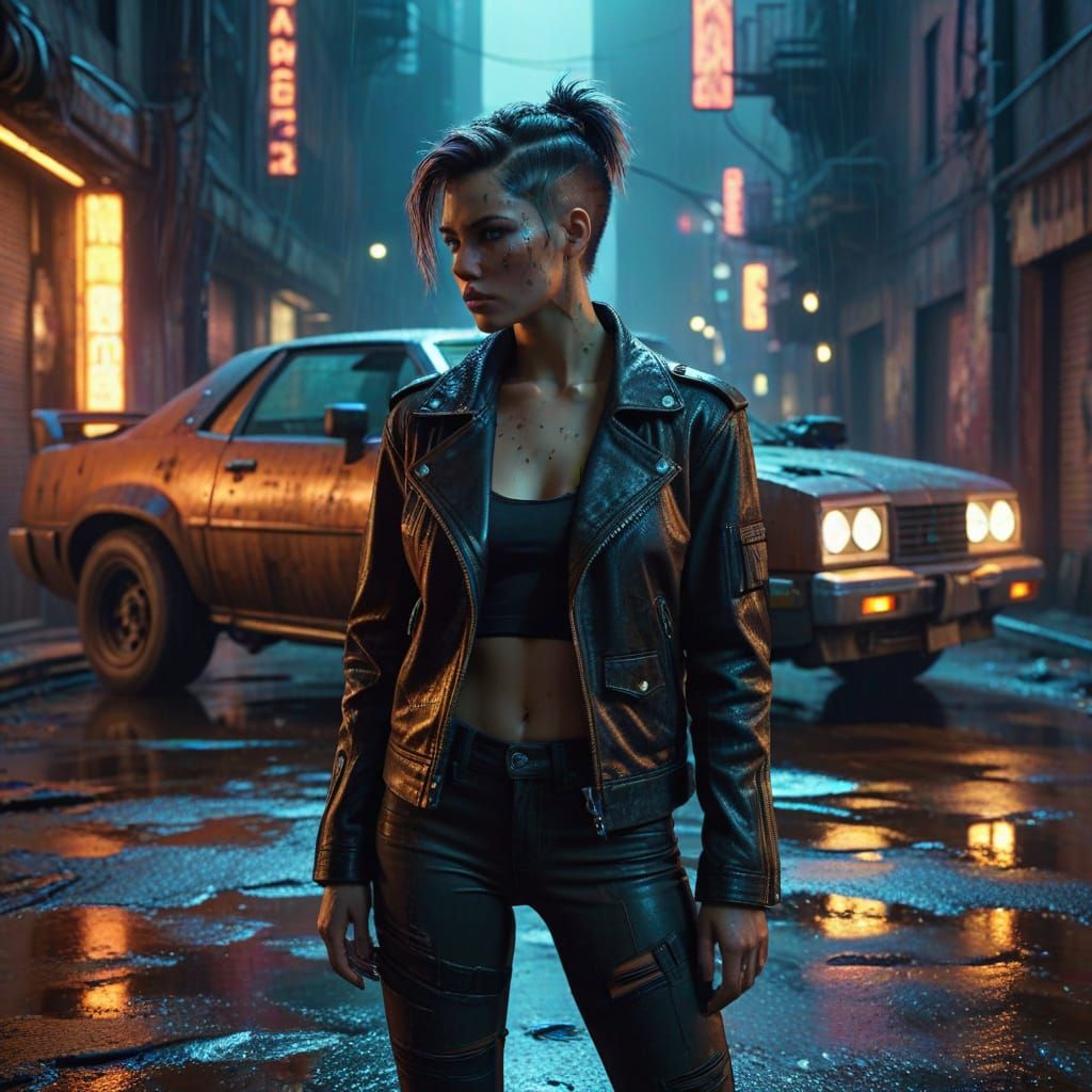 Neo-Atomicpunk Woman and Vehicle in Hyperrealism