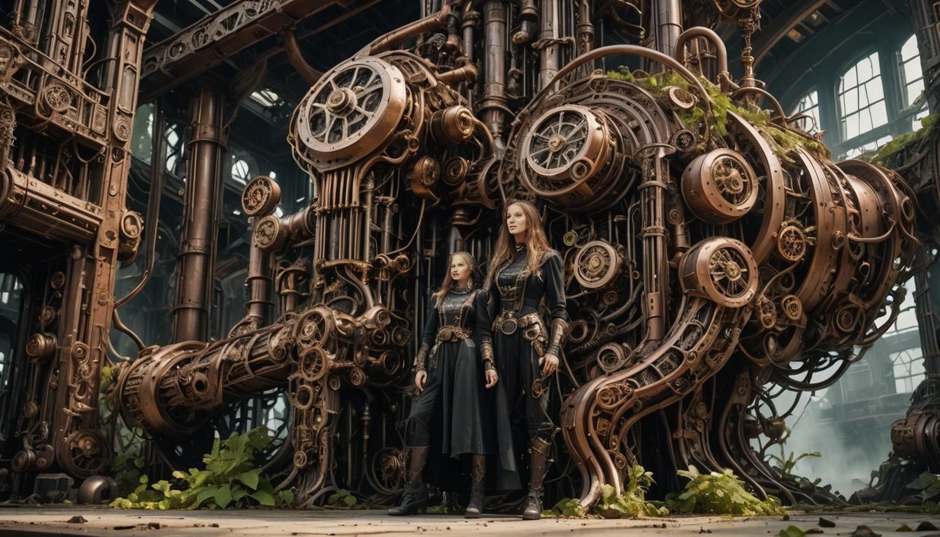 Steampunk Engine with Woman, Bio-Mechanical Art Nouveau