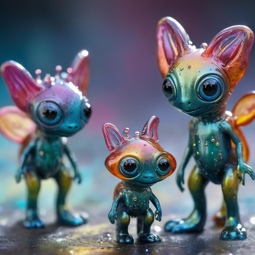 Enameled Glass Alien Figurines in Macro Photography