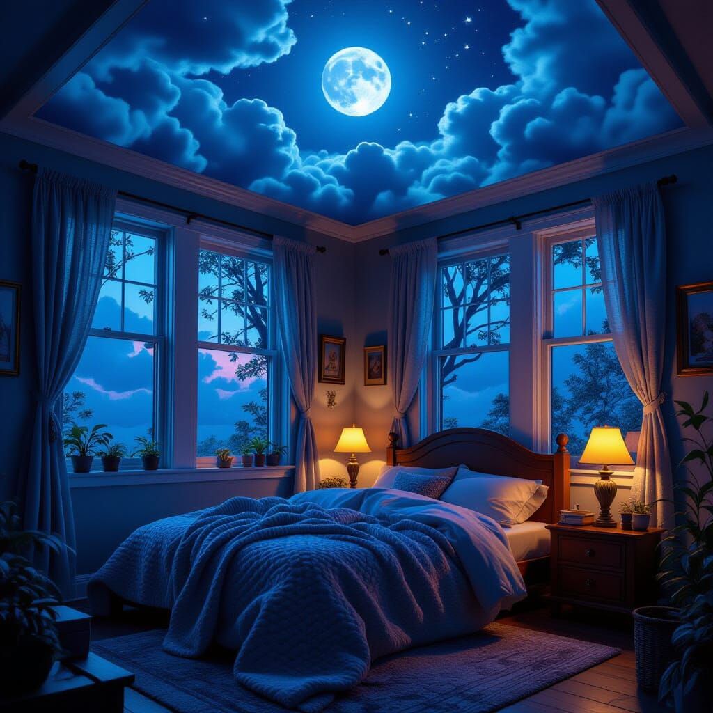 Surreal Cozy Bedroom with Twilight Sky Ceiling