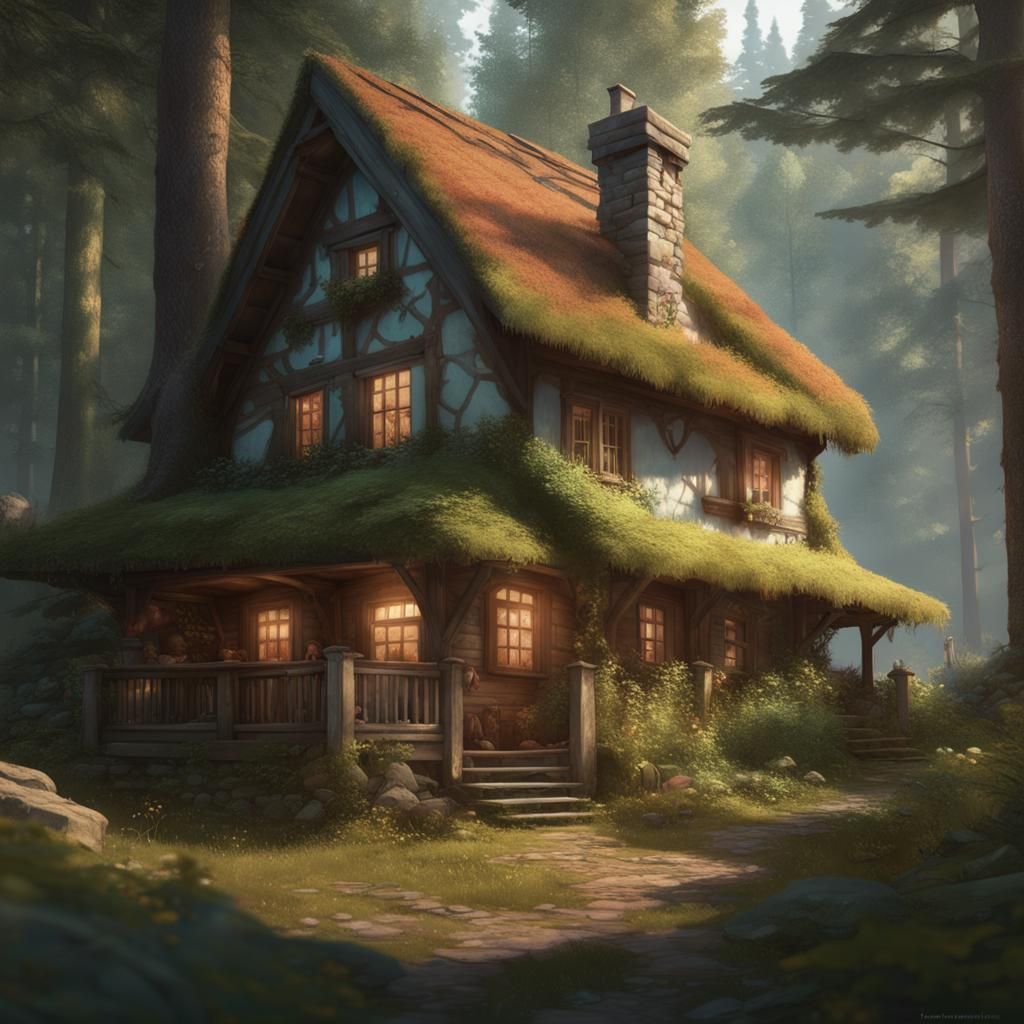 Kids Playing Near Forest Cottage, Hyperdetailed Art