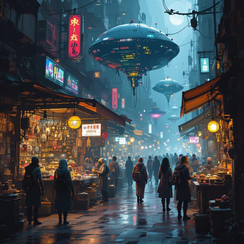 Alien Market with Exotic Creatures and Floating Stalls