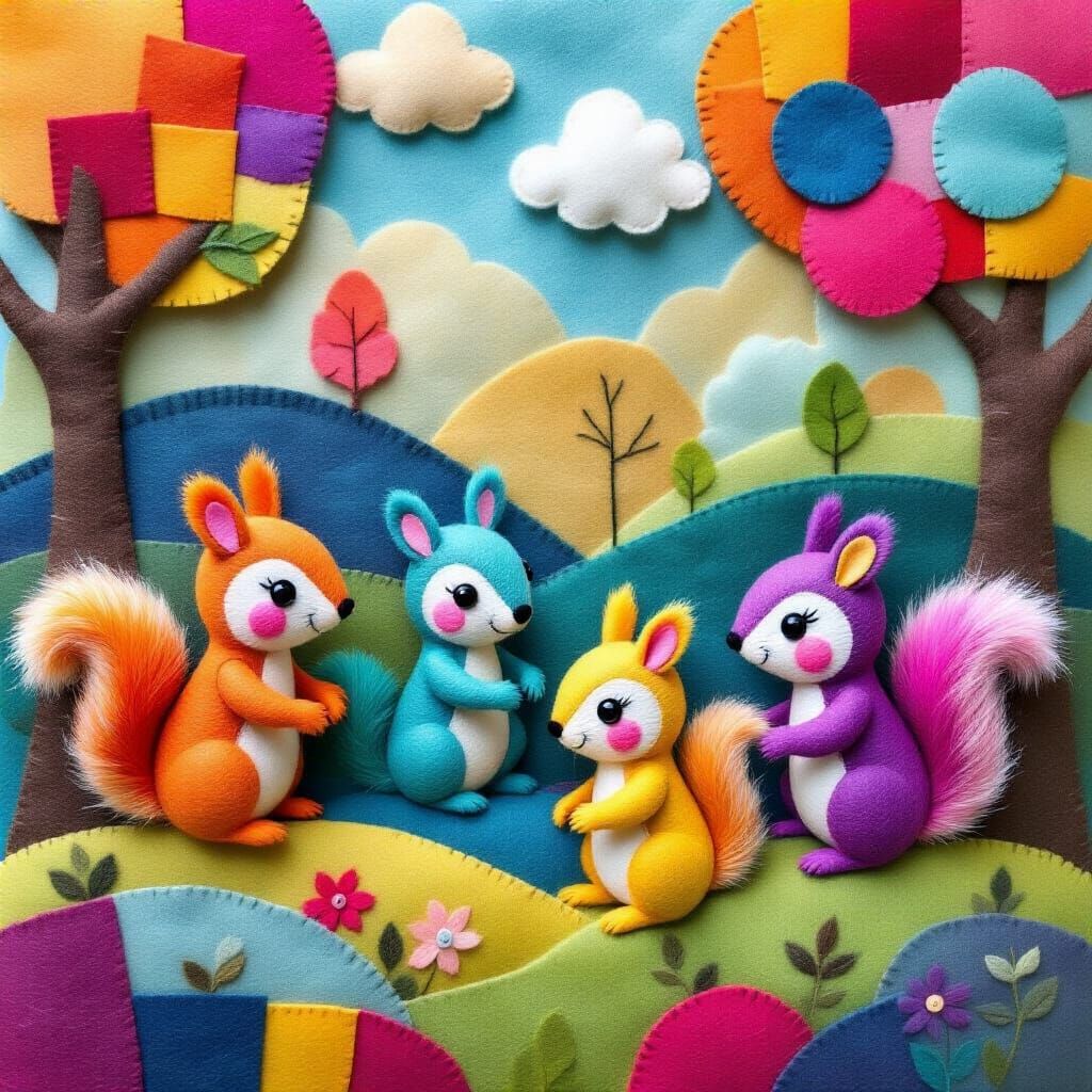 Colorful Felted Squirrels Play in Dreamy Felt Landscape