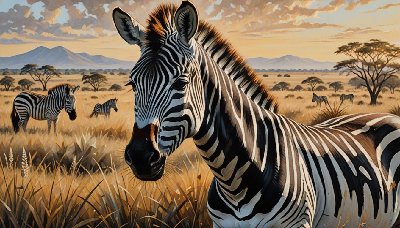 Fashionable Zebra in African Savannah: Impressionist Oil Pai...