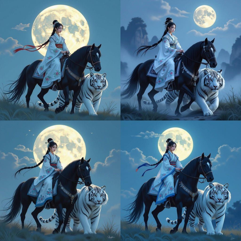 Girl in Hanfu Rides Stallion with White Tiger
