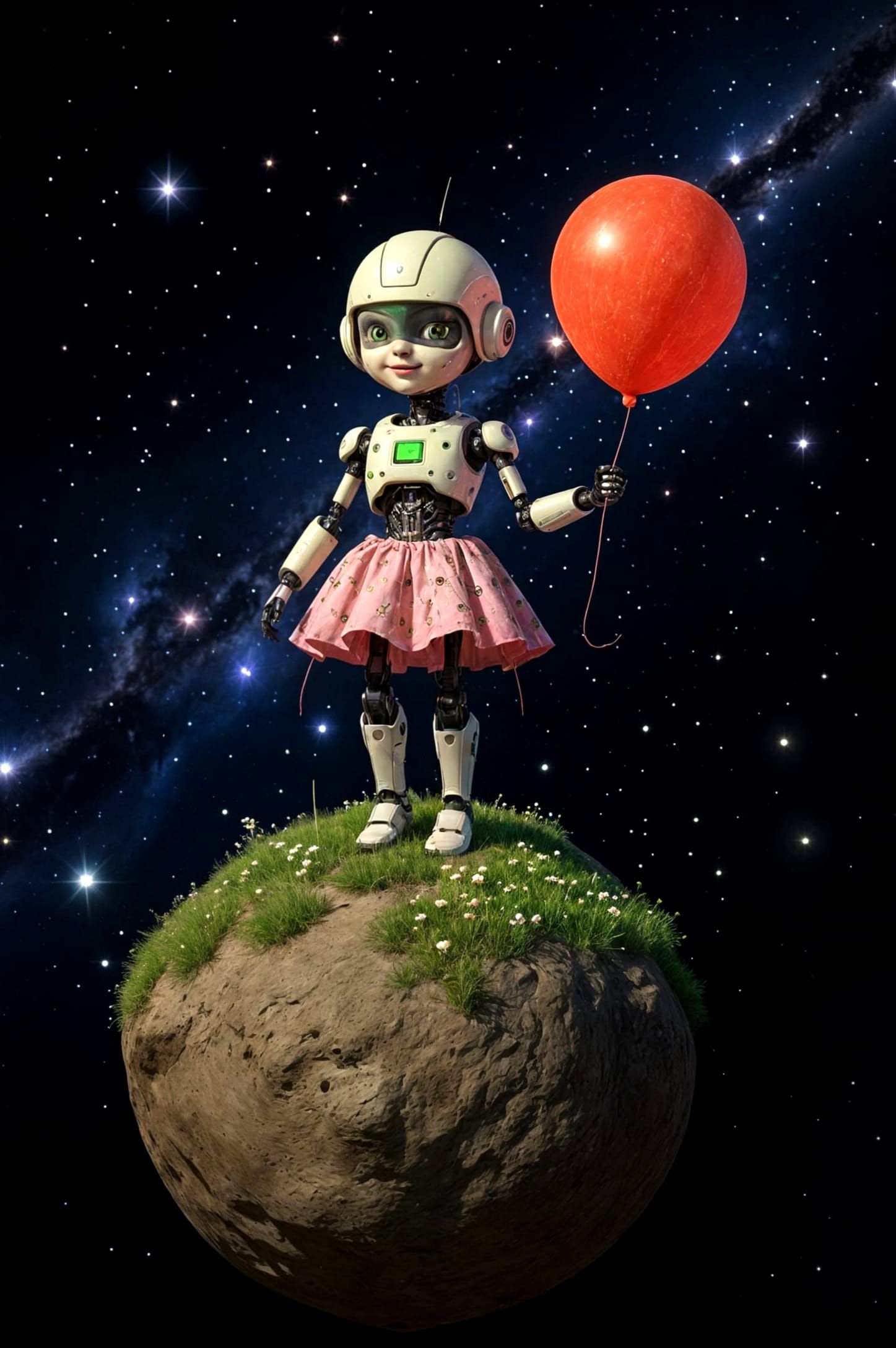 Robot Girl with Balloon on Asteroid in Dark Fantasy Style
