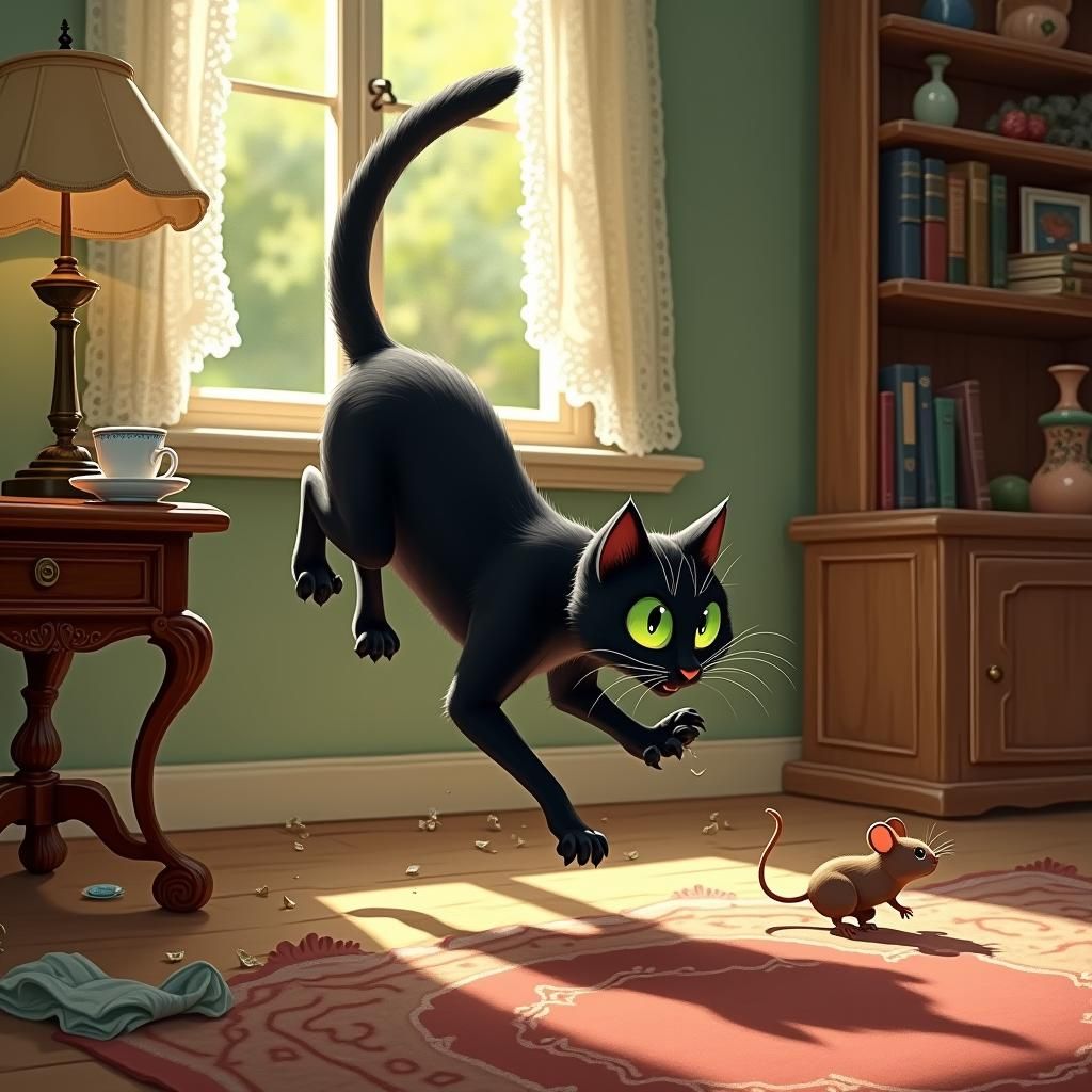 Cat and Mouse Chase in Cozy Living Room
