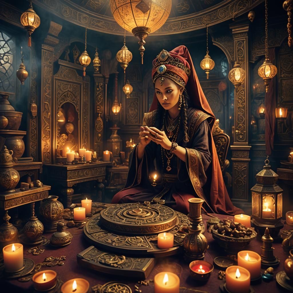 Mysterious Fortune Teller in Ornate Fantasy Setting