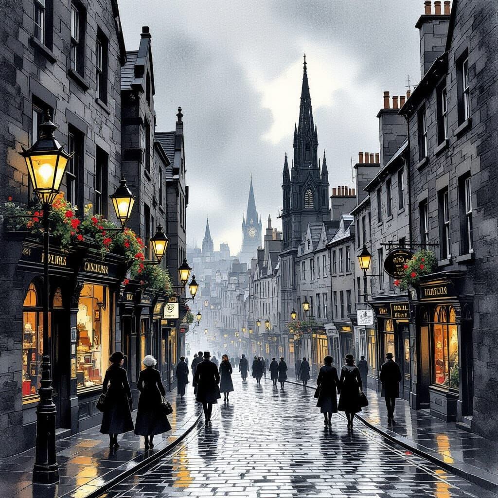 Victorian Edinburgh Street Scene in Ink Wash Style