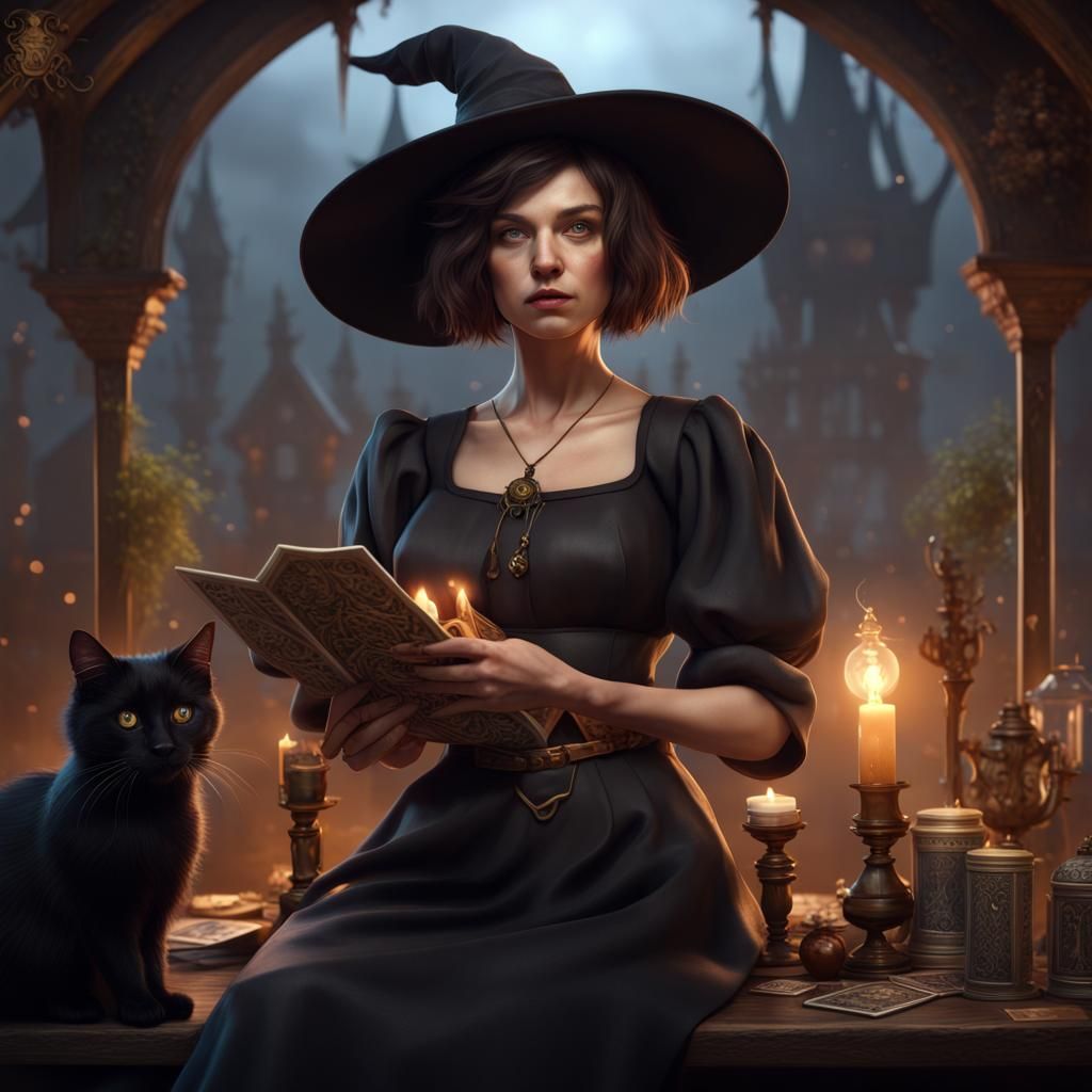 Detailed Witch with Black Cat Fantasy Art