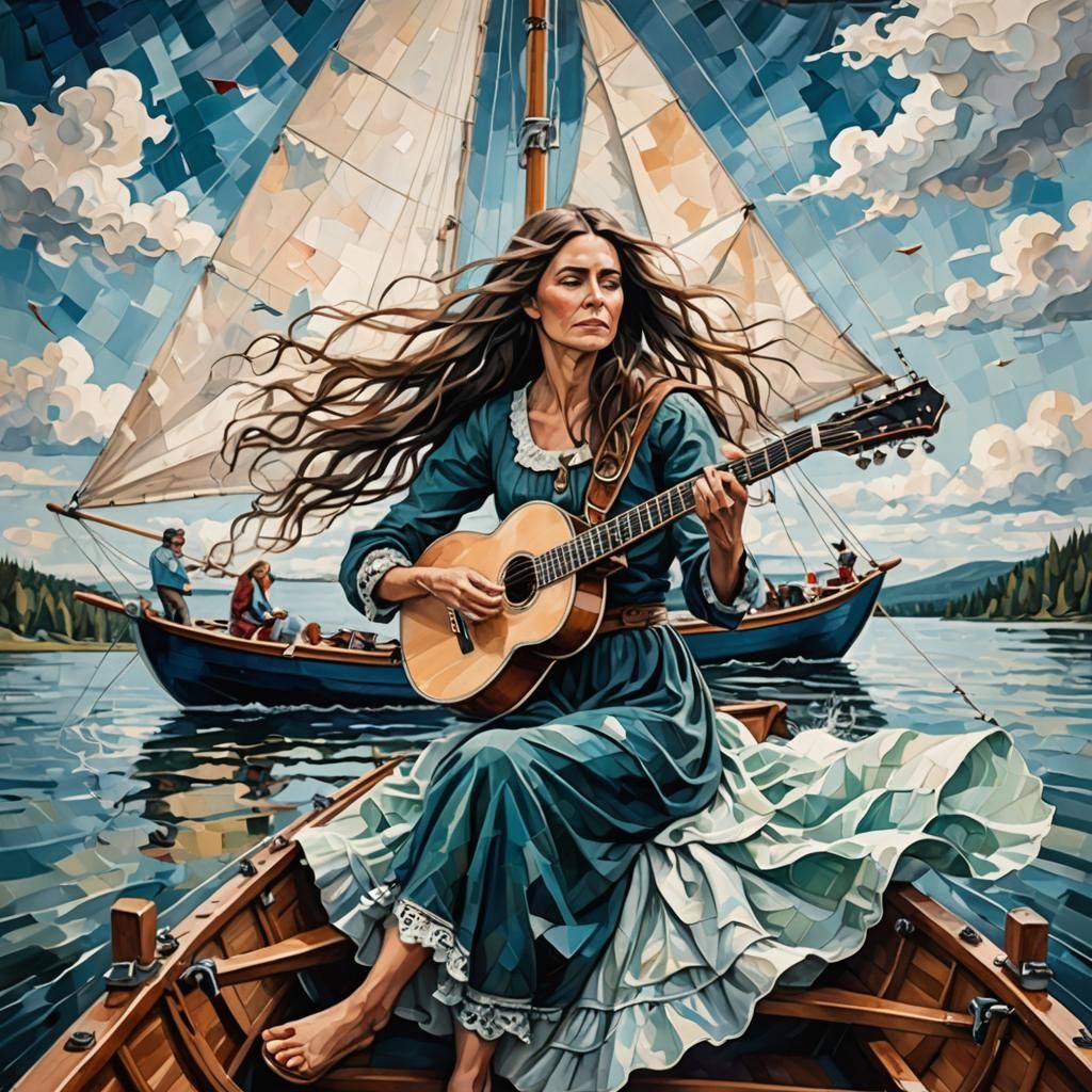 Woman Plays Banjo on Windy Lake Sailboat
