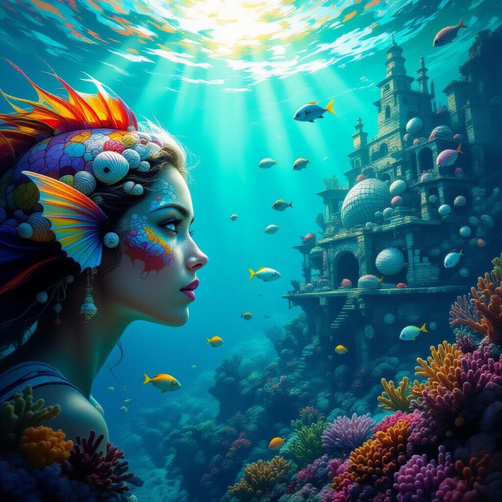 Underwater City with Fish-Human Creature in Hyperrealistic S...