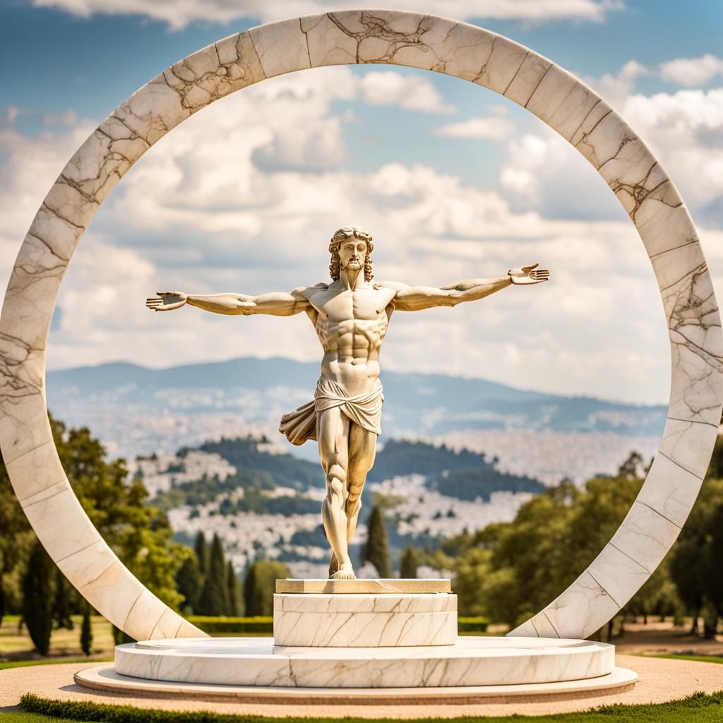 Vitruvian Man Marble Statue on Greek Hill