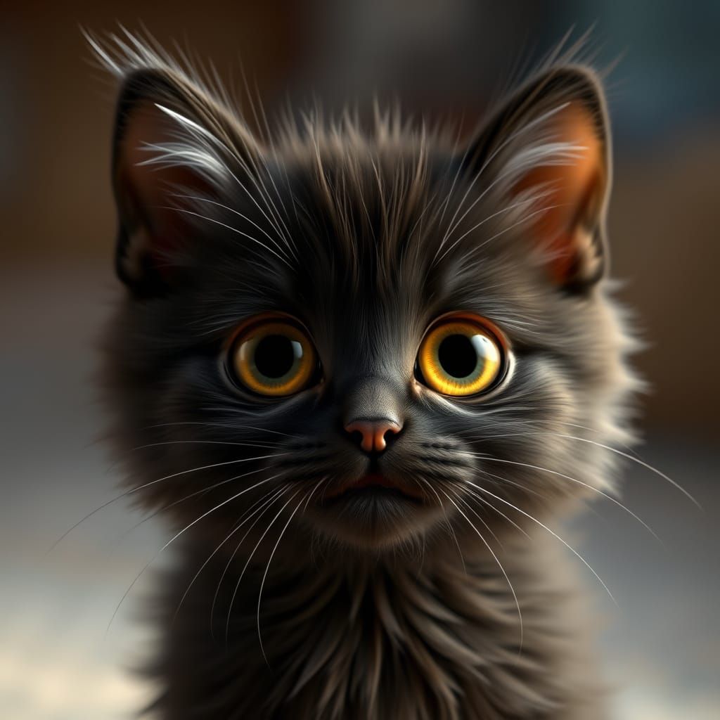 Whimsical Black Kitten with Expressive Eyes in Hyperrealisti...