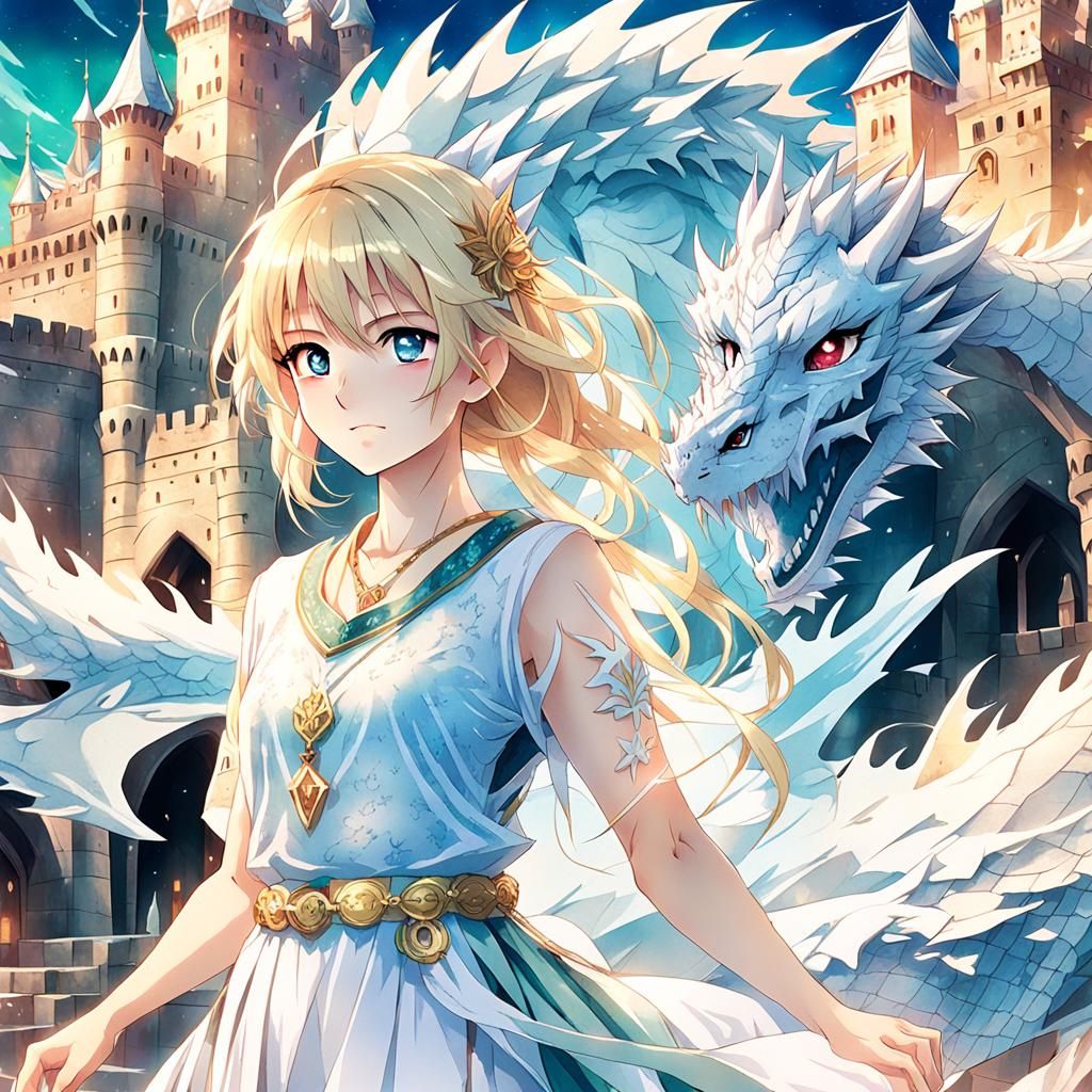 Anime Woman and Ice Dragon Before Castle