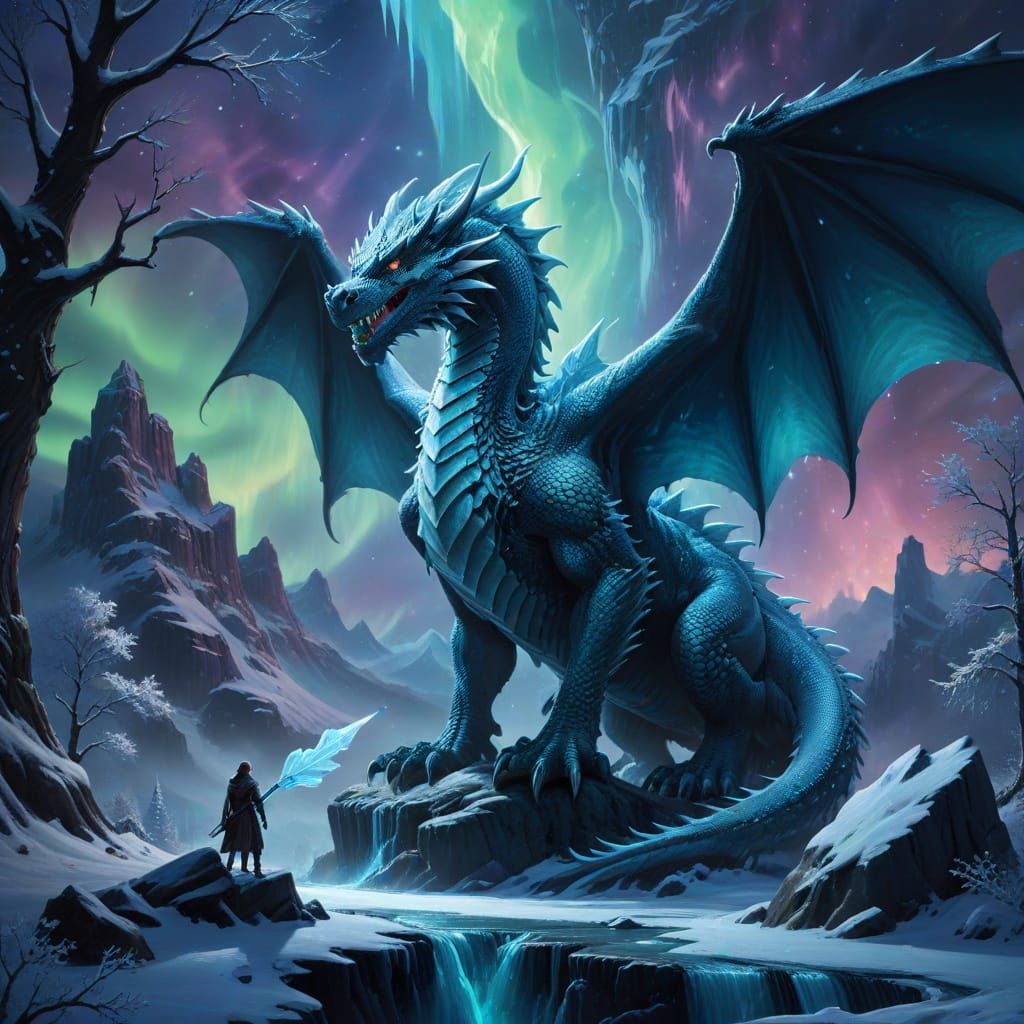 Ice Dragon Guards Winter Valley in Digital Matte Painting St...