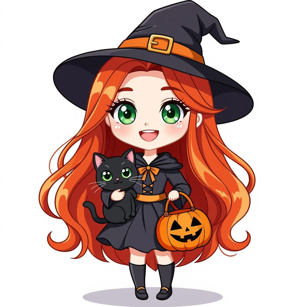 Cute Chibi Witch with Cat and Pumpkin Purse