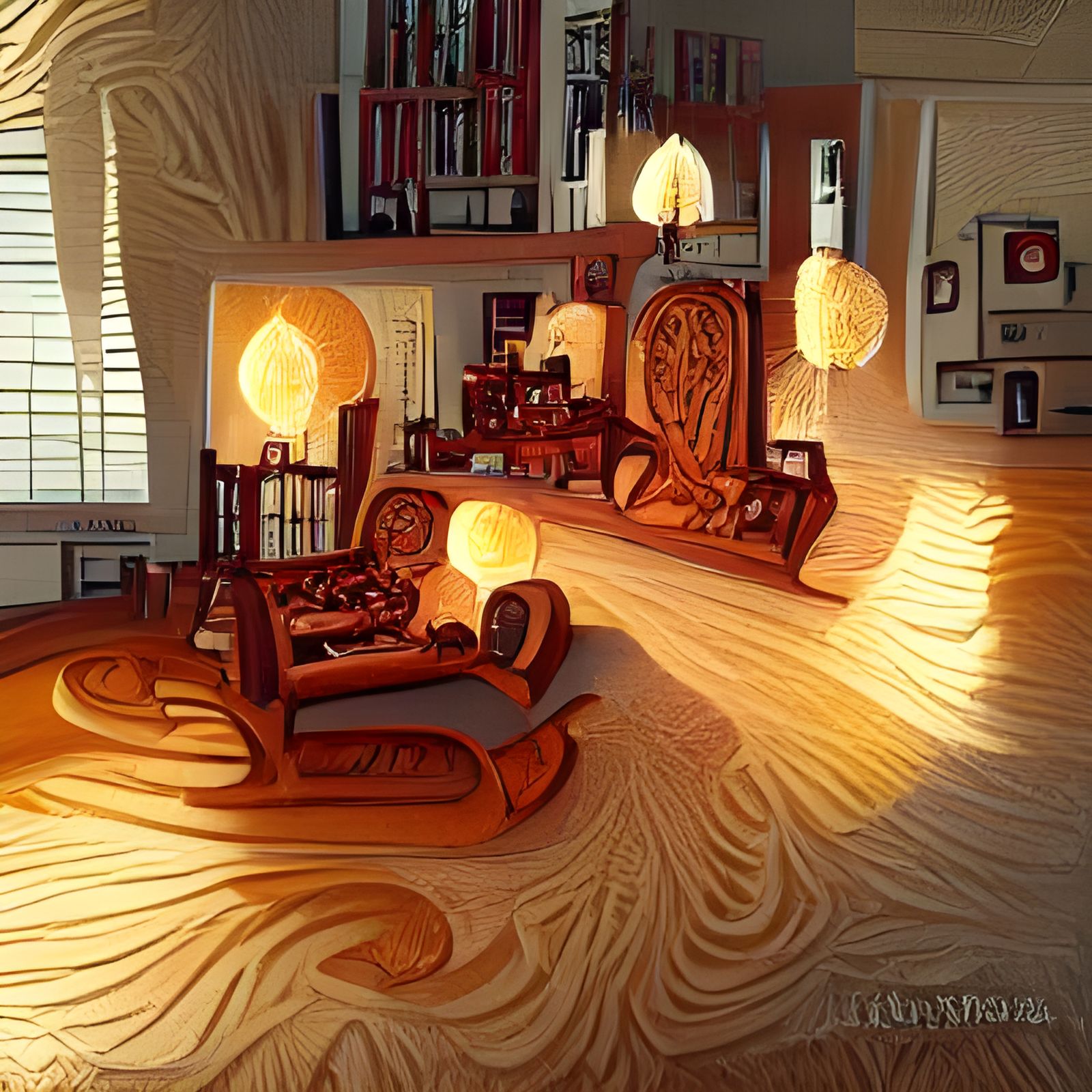 Mid-Century Living Room as Intricate Woodcut