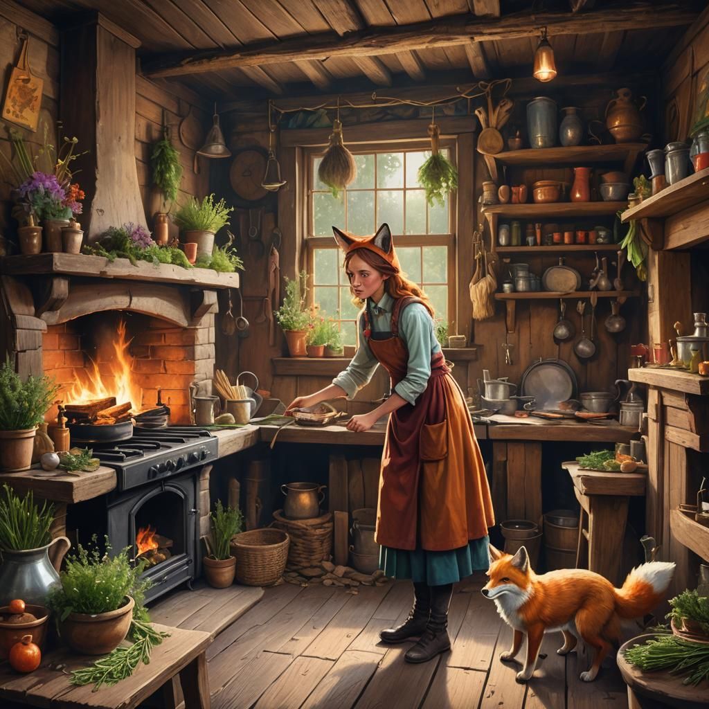 Fox-Eared Alchemist in Cottage Kitchen: Ghibli Style