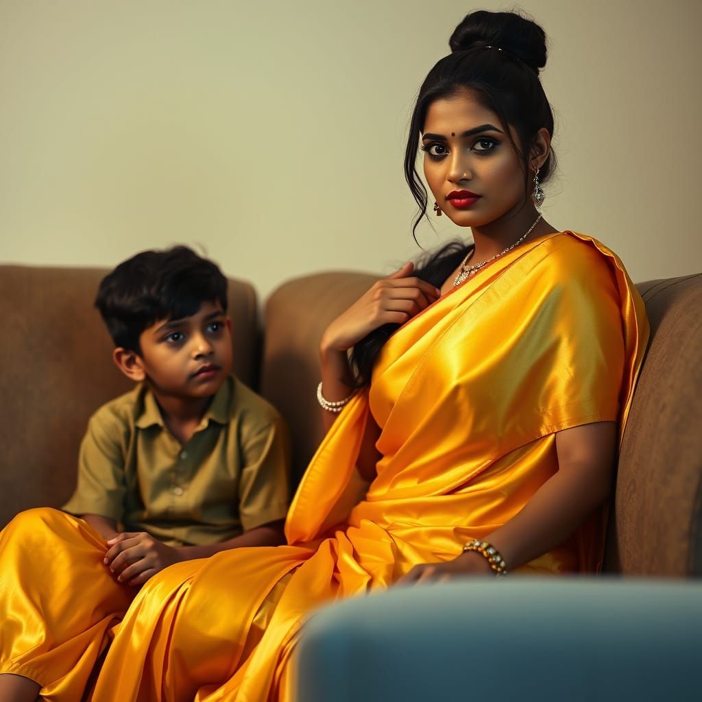 Indian Woman Admonishes Boy on Sofa