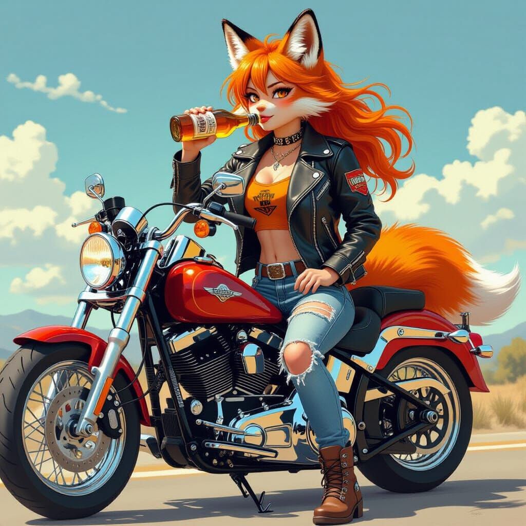 Anime Fox Girl on Harley Davidson, Photorealistic Style