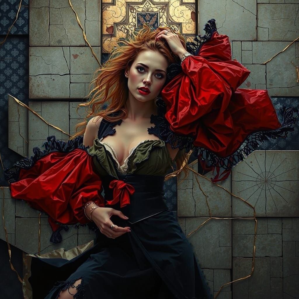 Complex Geometric Abstraction with Red, Blue, and Gold Shape...