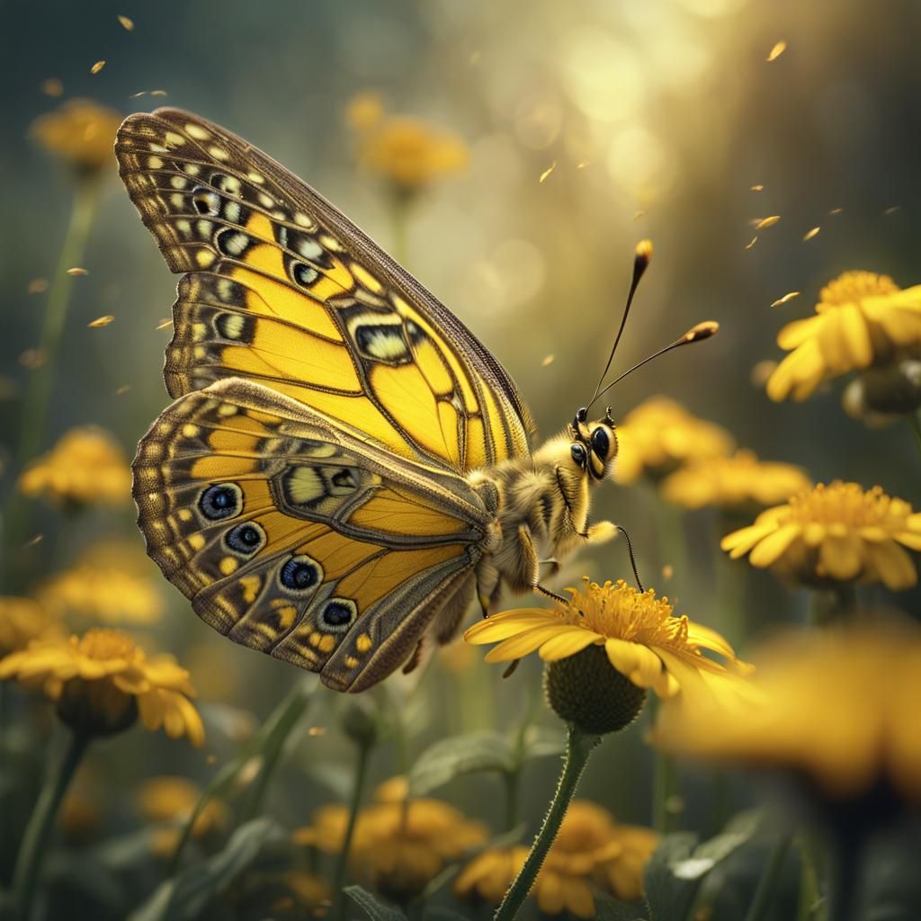 Detailed Butterfly with Broken Wings on Flower