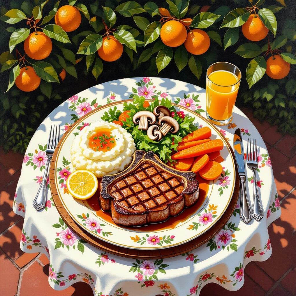 Hyperrealistic Oil Painting of a Sumptuous Steak Meal