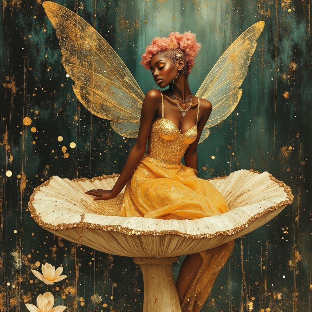 Fairy Goddess on Mushroom in Enchanted Forest