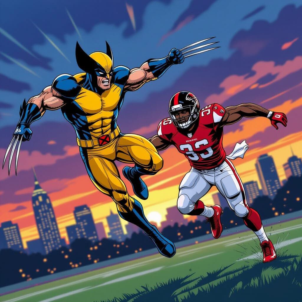 Wolverine and Falcons Player in Dynamic Comic Book Action
