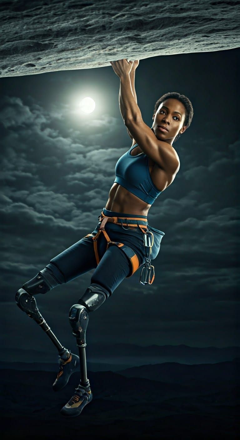 African Parathlete Free-Climbing at Night