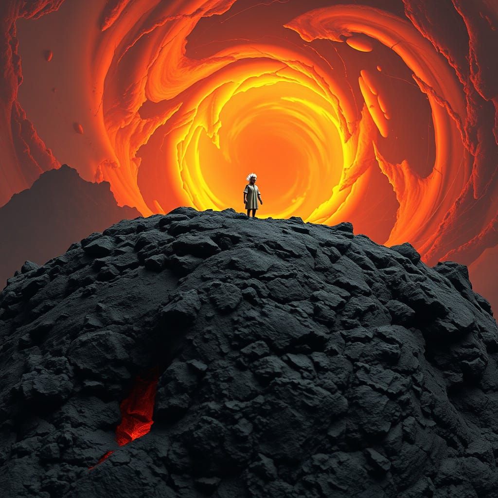 Miniature Figure Amidst Volcanic Landscape in Vibrant, Swirl...