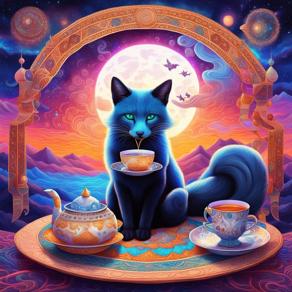 Fox and Cat on Magic Carpet: Cosmic Illustration